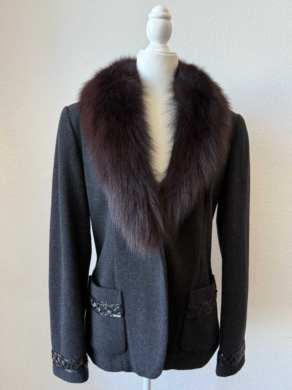 Vintage Marvin Richards Charcoal Lambswool Jacket with Brown Fur Shawl Collar